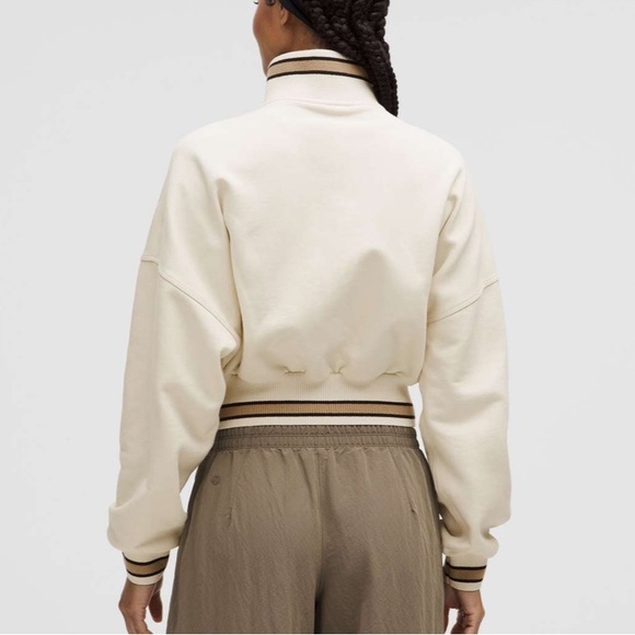 lululemon athletica Cropped Cream Varsity Jacket with Striped Trim - Picture 2 of 5